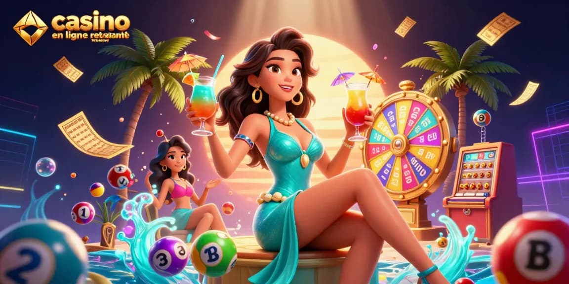 Découvrez l'excitation du casino en ligne retrait instantané avec des jeux de loterie colorés dans une scène vibrante.