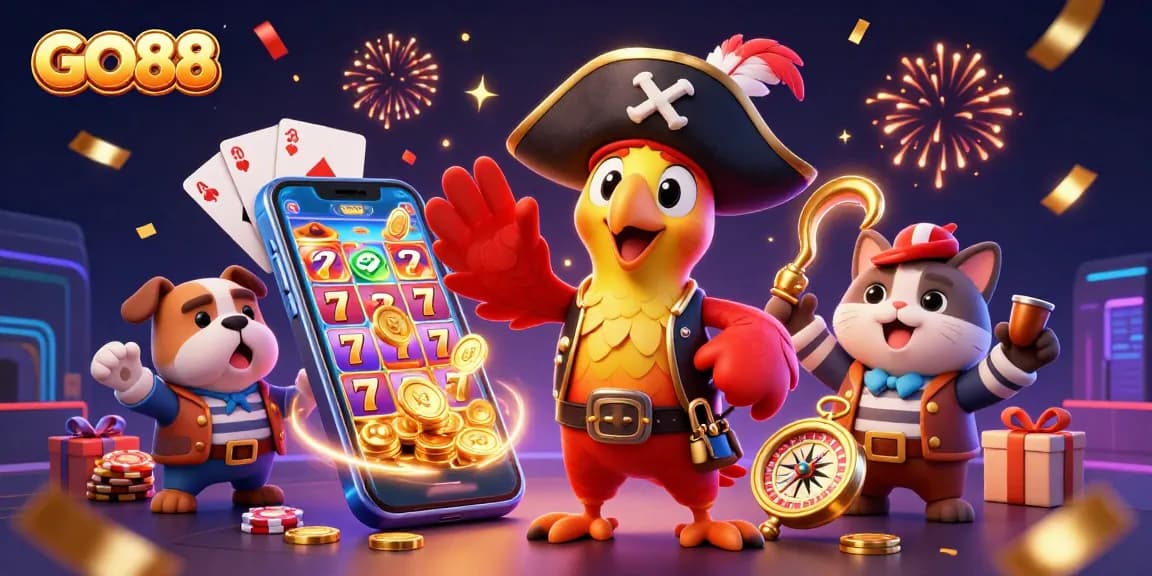 Engage in exciting games at GO88 with interactive 3D pirate-themed casino illustration showcasing colorful slot machines.
