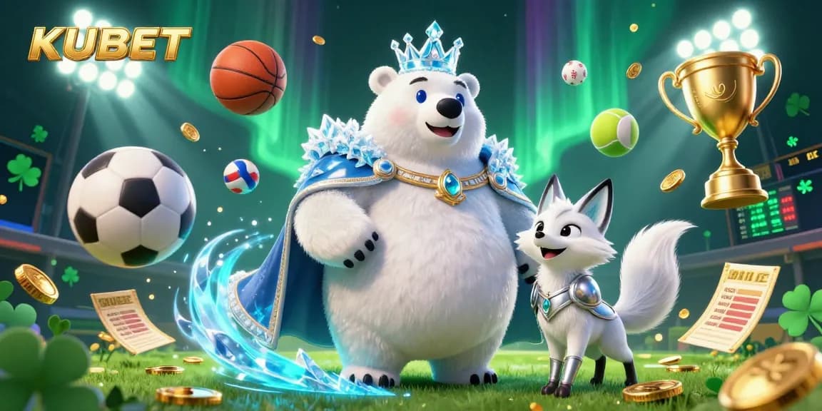 KUBET features an engaging 3D scene with a polar bear and snow fox amidst dynamic sports betting elements, enhancing the gaming excitement.