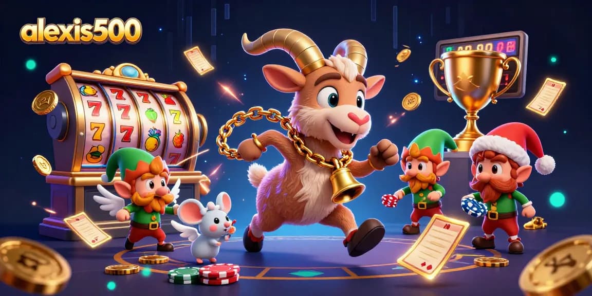 Experience the excitement of alexis500 with dynamic slots and whimsical characters in a festive casino scene.