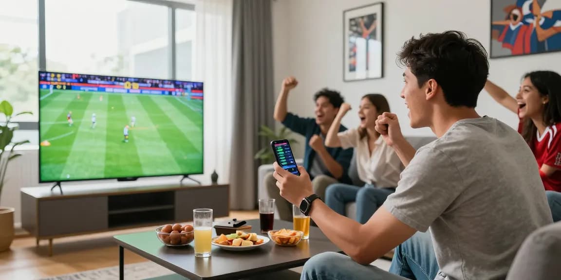 Live football match streaming in a vibrant living room, showcasing المصدر and sports excitement