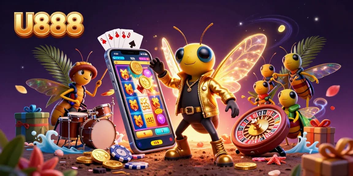 Experience vibrant U888 casino fun with an energetic scene of a rock star cicada and exciting game elements.
