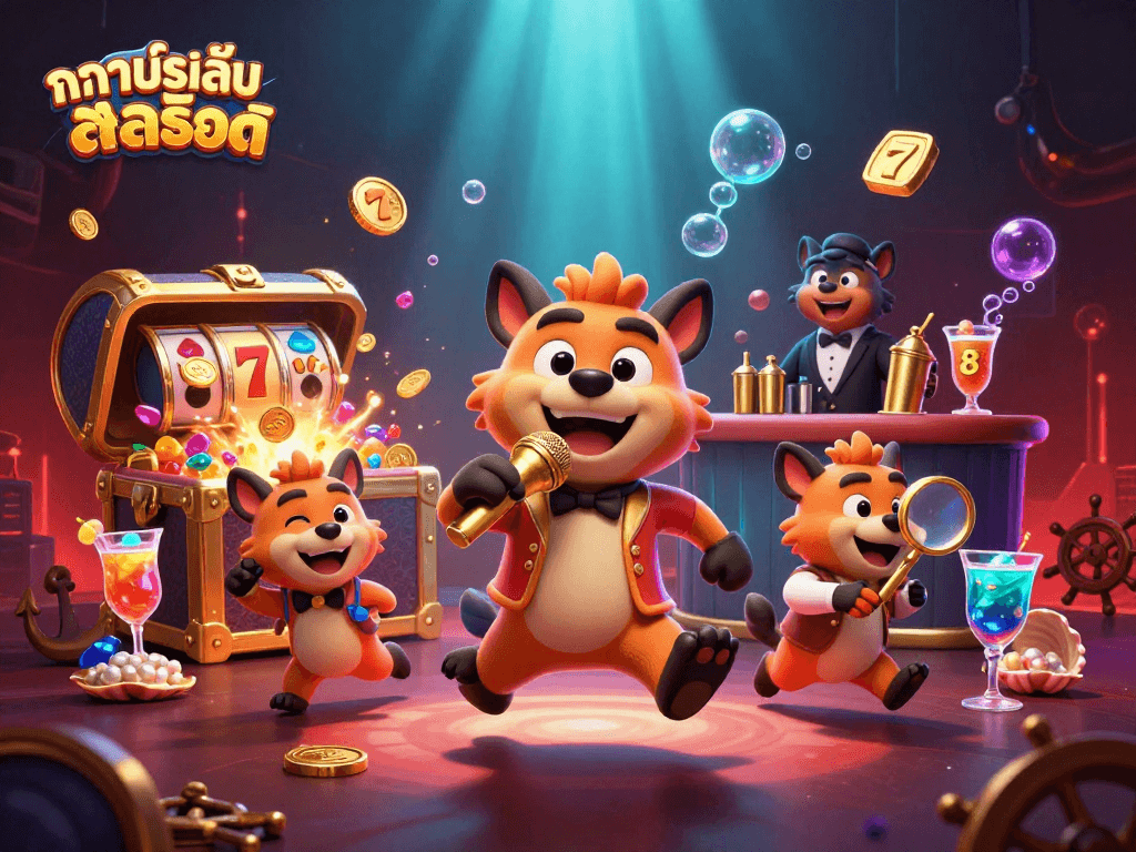 Experience ทดลองเล่นสล็อต in a vibrant comedy casino scene featuring hyenas, slot machines, and treasures.