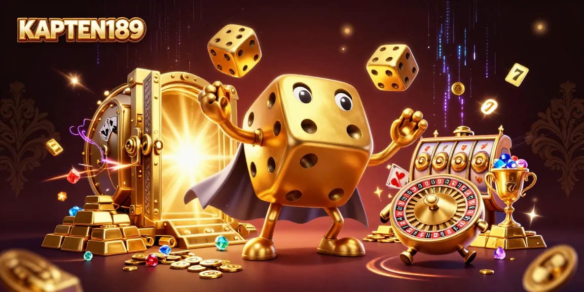 KAPTEN189 memberikan pengalaman judi yang menyenangkan dengan simbol slot dan dadu emas bersinar.