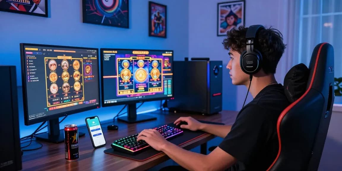 Exciting online gaming setup showcasing deposit tanpa minimal experience with multiple screens and gamer in action.