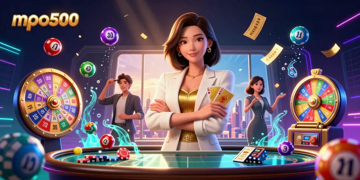 Engage with mpo500 and win big with vibrant lottery elements radiating around an elegant Asian businesswoman.