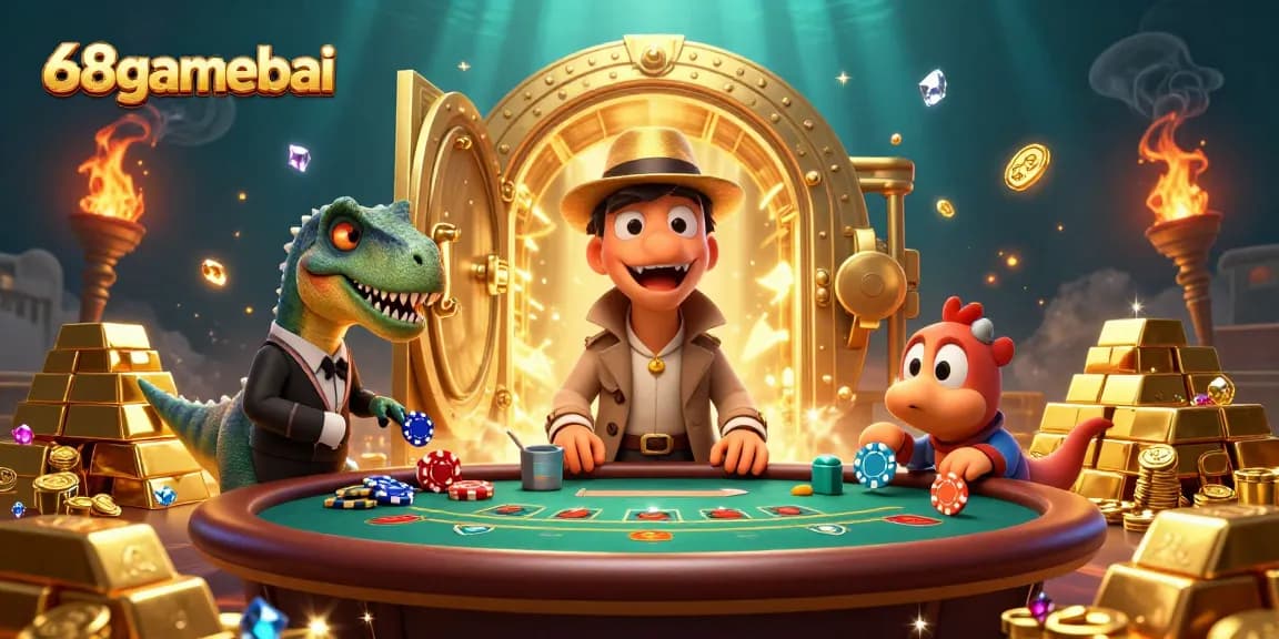 Engage with 68gamebai in a vibrant, ultra-detailed 3D casino scene filled with gold and action.