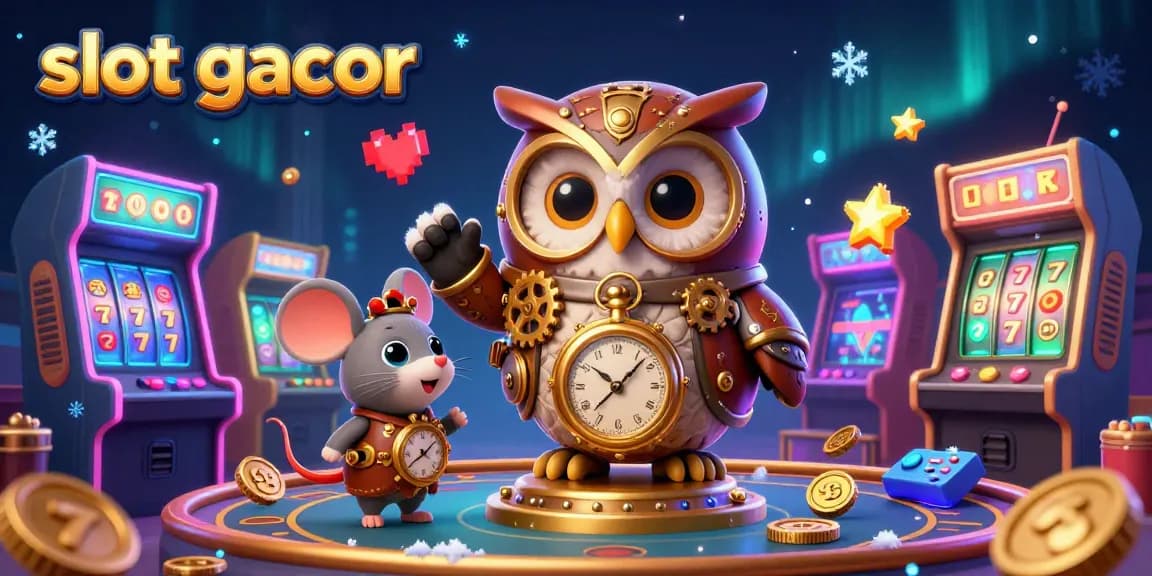 Experience slot gacor excitement as a time-traveling owl and clockwork mouse explore a dynamic casino scene filled with bright game elements.