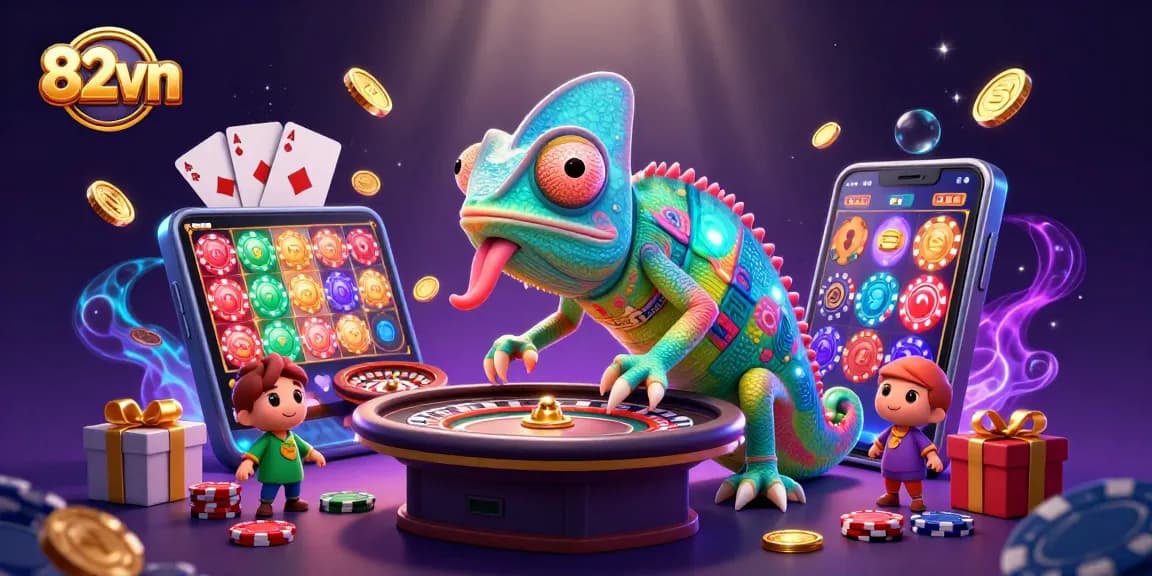 Engage in thrilling gameplay with 82vn's vibrant 3D casino illustration featuring lively characters and game elements.