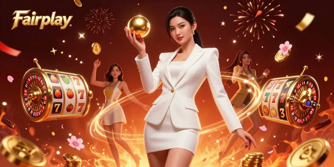 Experience Fairplay in an ultra-detailed casino scene featuring a confident woman with a roulette ball and slot elements.