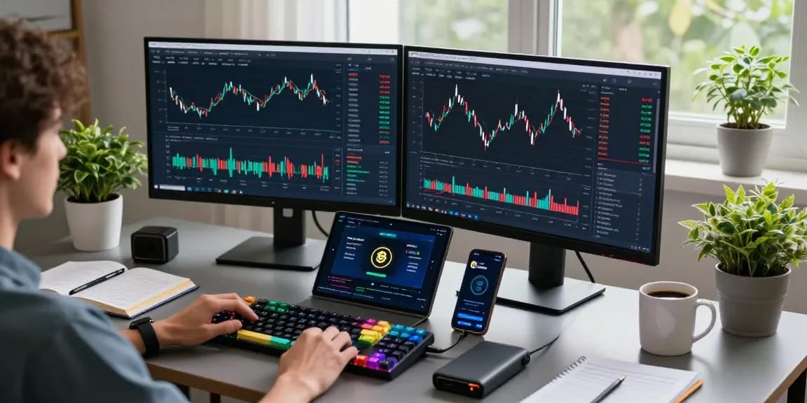 Play exchange with cryptocurrency trading setup showing real-time blockchain data analysis in a modern office environment.