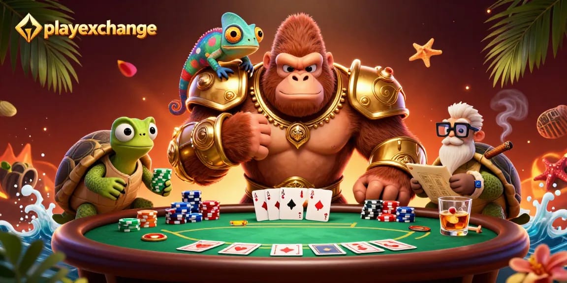 Engage in thrilling poker action with playexchange featuring a gorilla king and his companions.