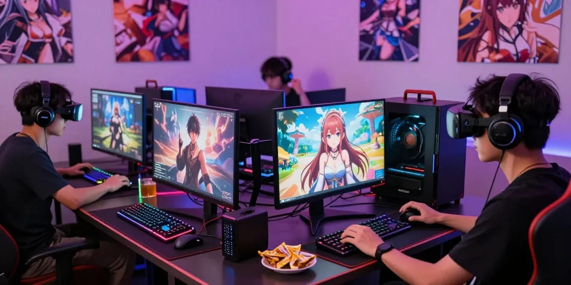 Players immersed in thrilling hentai games within a vibrant gaming lounge.