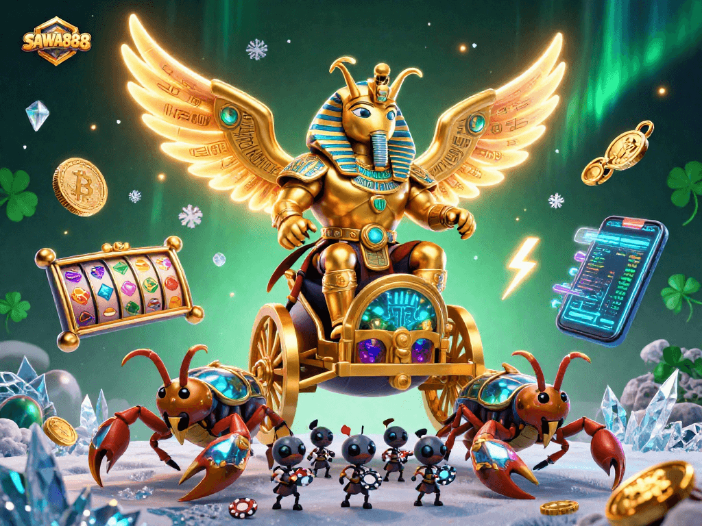 Play thrilling slots with SAWA888 and huge jackpots featuring golden characters and neon crypto coins