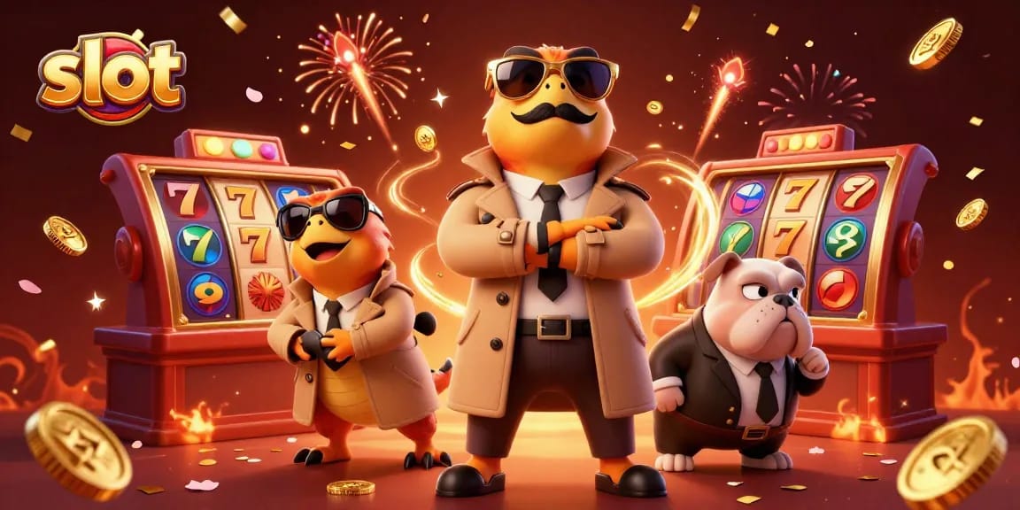 Raptors in a trench coat entering a casino while surrounded by slot game elements and festive decorations