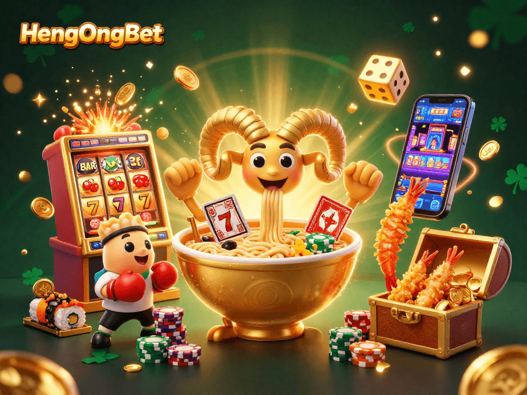 Join the fun at HengOngBet with a colorful casino scene featuring a giant ramen bowl dealer!