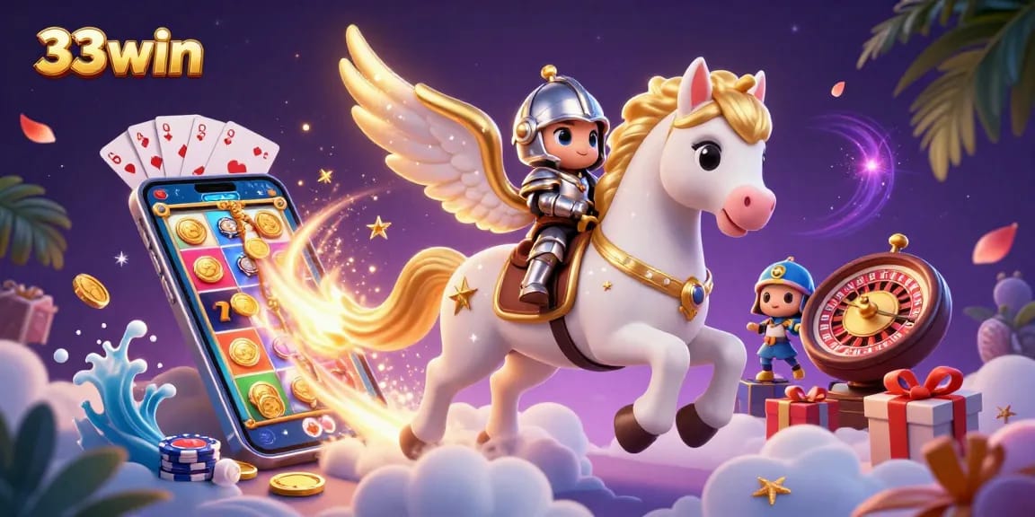 Experience the excitement of 33win with a celestial horse, knight, and dynamic casino elements.