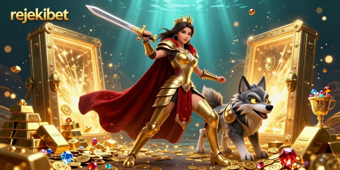 Experience thrilling gameplay with rejekibet, featuring a powerful warrior queen and glowing wolf in a dazzling treasure scene.