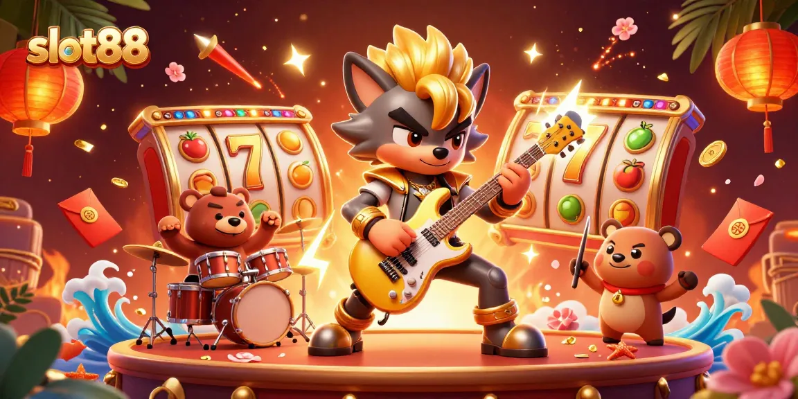 Experience the thrill of slot88 with a vibrant 3D illustration featuring a rock star wolf and dynamic casino elements.