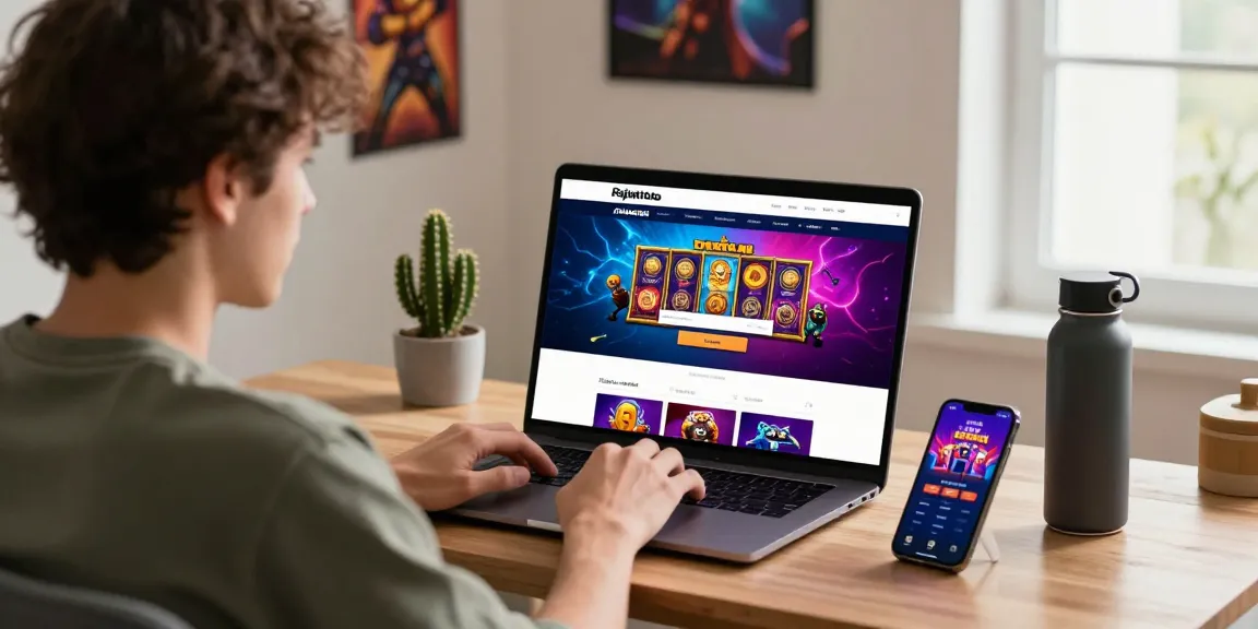 Access pajaktoto login at a stylish desk setup with vibrant gaming graphics and smartphone.