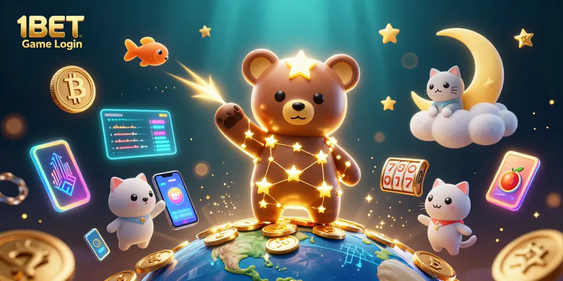 Engage with 1BET Game Login featuring a cosmic bear and slot elements in a vibrant 3D scene.
