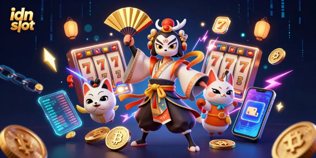 Engage in thrilling idn slot action with vibrant characters and dynamic casino elements.