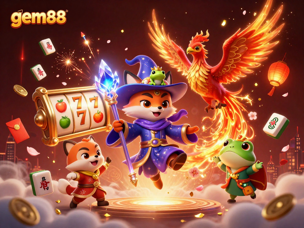 Experience thrilling moments at gem88 with a captivating 3D illustration filled with vibrant casino elements.