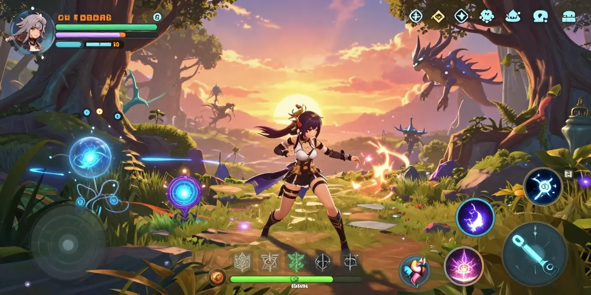 Engaging female protagonist in a vibrant fantasy setting of a female hentai game, battling magical creatures.