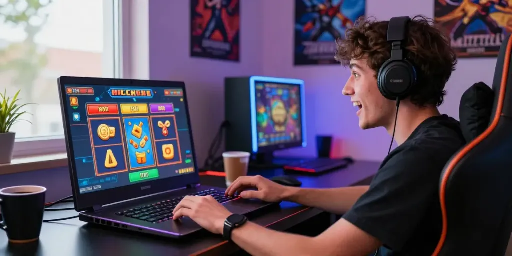Engaging slot gaming experience on a laptop with vibrant graphics.