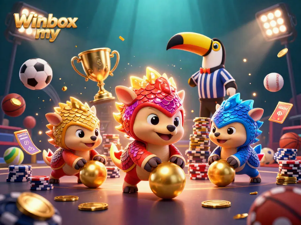 Engaging scene of pangolins competing in casino games with Winbox my branding, featuring dynamic sports elements.