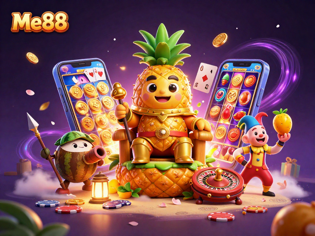 Engage with Me88’s vibrant gaming scene featuring a pineapple king and exciting casino elements.