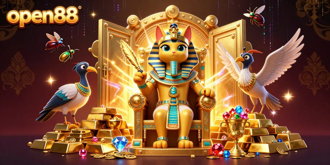 Experience thrilling betting action at open88, featuring a lavish pharaoh cat scene surrounded by treasures and game elements.