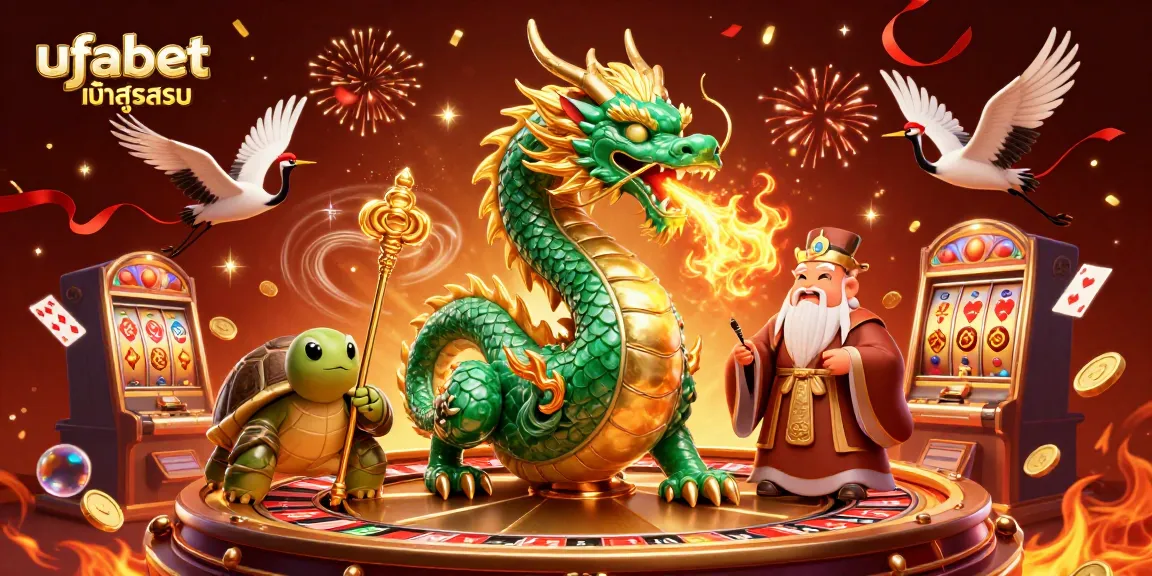 Bet and win with ufabet เข้าสู่ระบบ featuring a dragon, turtle sage, and lucky cranes in a vibrant casino scene.