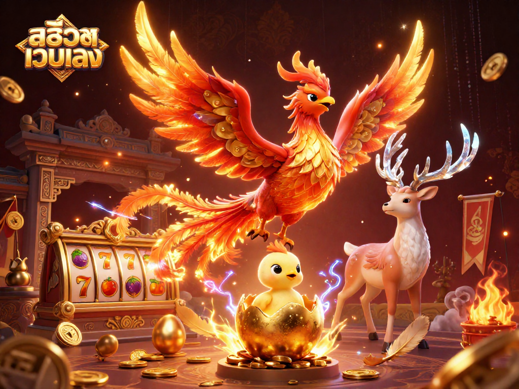 Experience the thrill of สล็อตเว็บตรง with vibrant casino elements and magical creatures in an energetic scene.