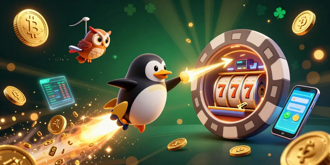 Experience excitement at situs depo 5k with a vibrant 3D illustration of a penguin and a casino space station.