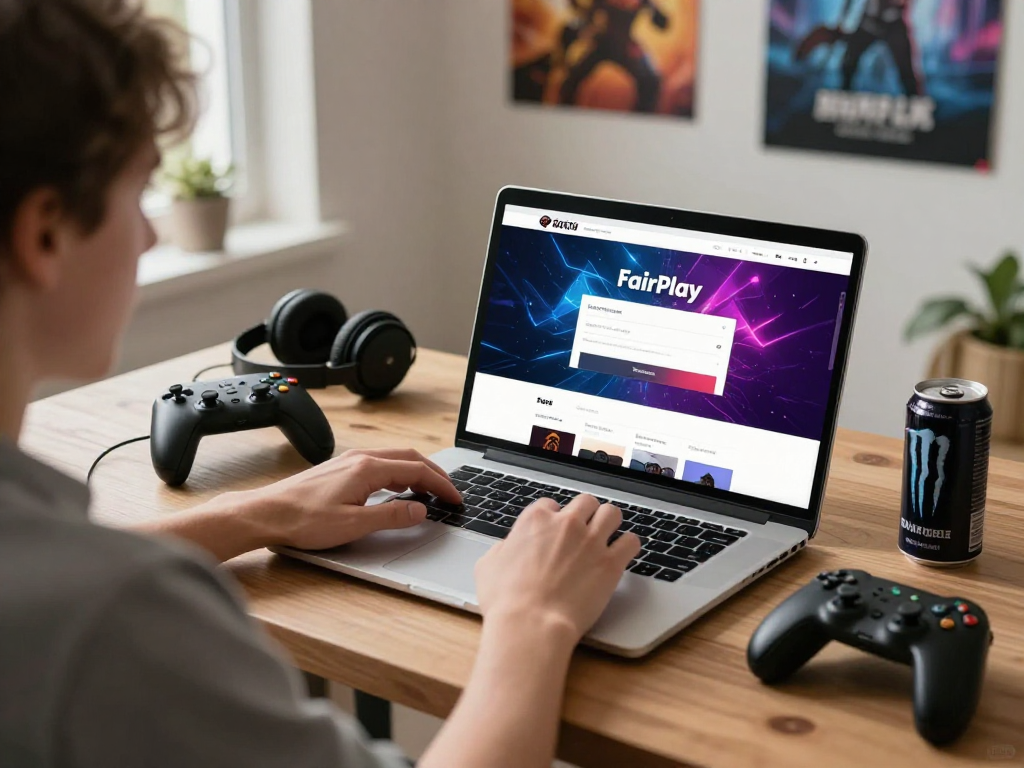 Login to FairPlay on a laptop in a cozy home setting with gaming accessories.