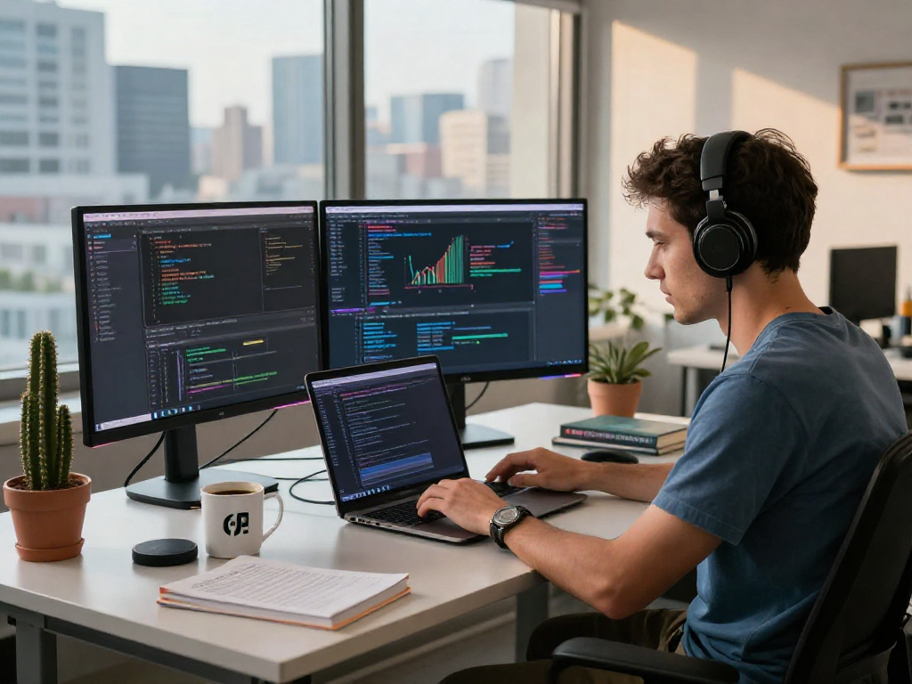 Workspace pengembang perangkat lunak dengan wifi4d yang canggih, menciptakan lingkungan kerja yang inovatif dan fokus.