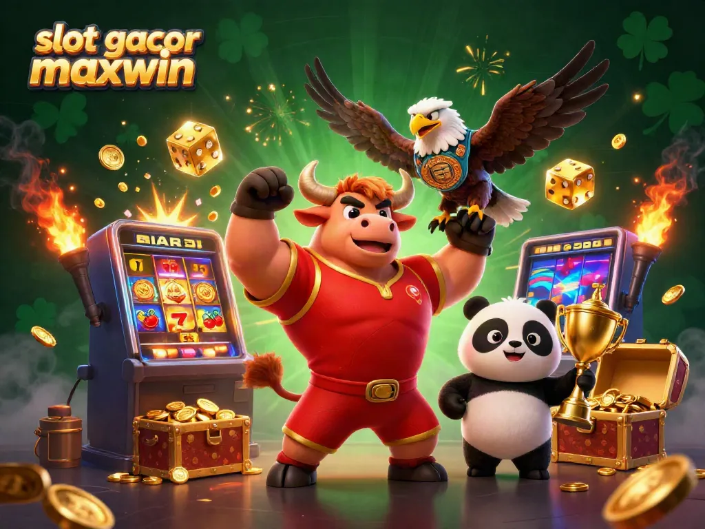 Menangkan slot gacor maxwin dengan mesin slot penuh koin dan karakter bersemangat di latar belakang hijau.