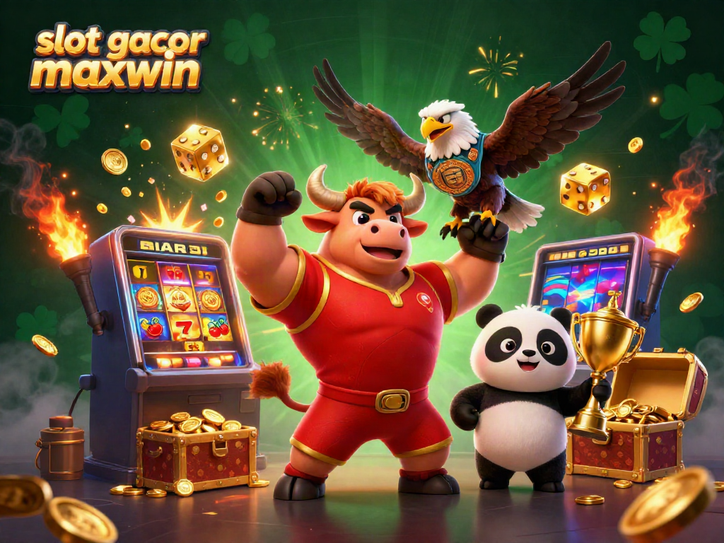 Menangkan slot gacor maxwin dengan mesin slot penuh koin dan karakter bersemangat di latar belakang hijau.