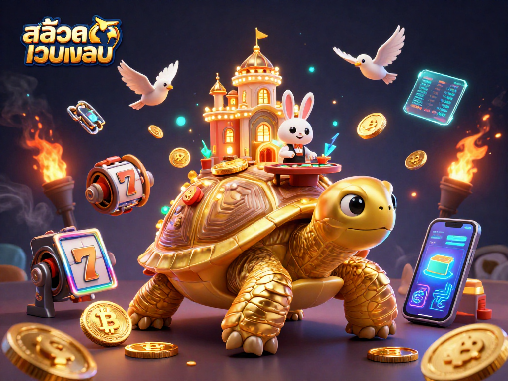 Engage with สล็อตเว็บตรง while enjoying vibrant casino excitement amidst animated golden elements and crypto coins.