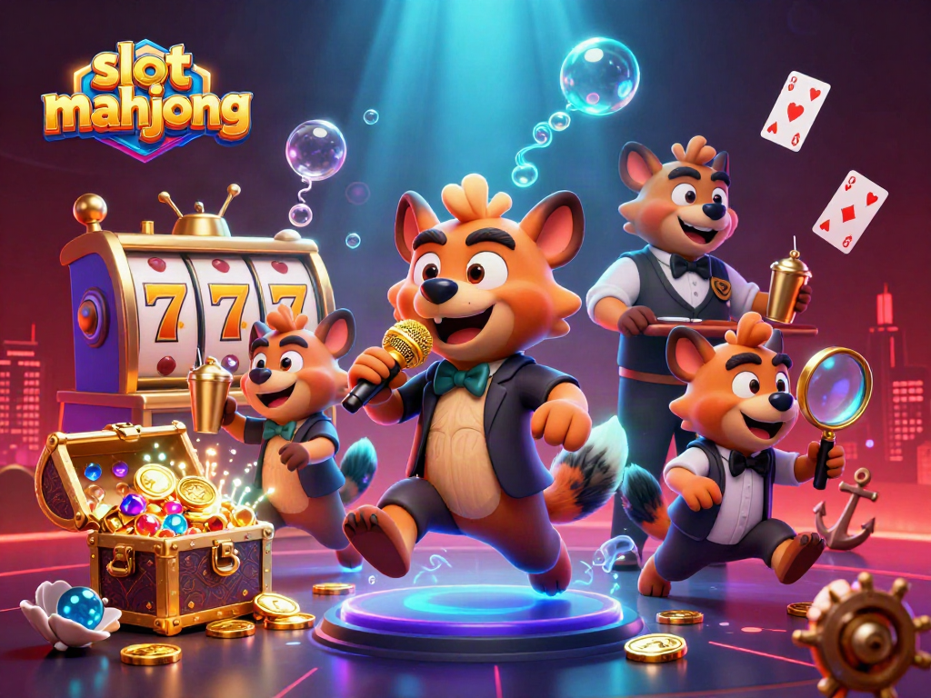 Engage with slot mahjong action in a lively comedy casino scene with animated hyenas.