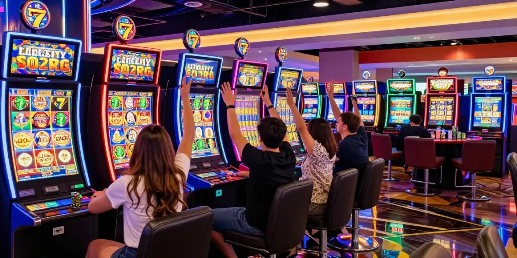 Players celebrating a win at Lucky777 themed casino slots, showcasing vibrant atmosphere and excitement.