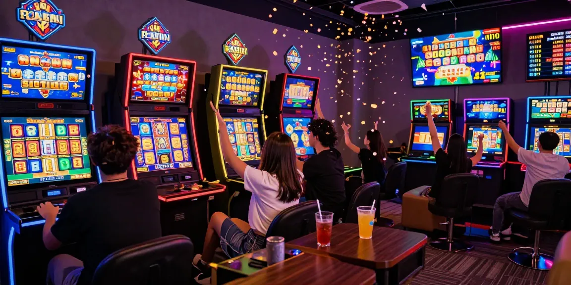 Permainan slot gacor dengan pemain merayakan kemenangan, suasana ceria dan penuh warna.