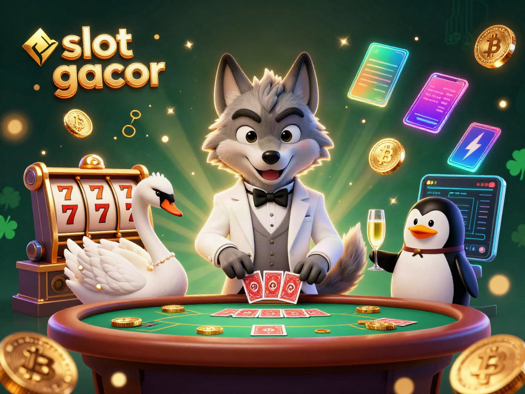 Experience slot gacor action with a cartoon wolf, swan dealer, and penguin sommelier at a vibrant casino scene.