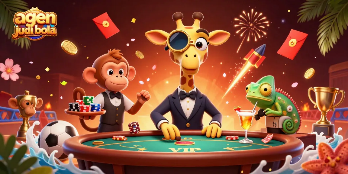 A 3D cartoon scene showcasing agen judi bola action with a high-roller giraffe at a poker table, celebrating with fireworks and gold coins.