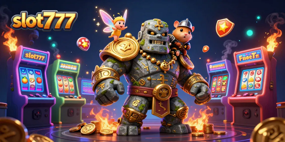 Experience thrilling gameplay with slot777 as the golem, fairy, and hamster knight surround vibrant slot machines.