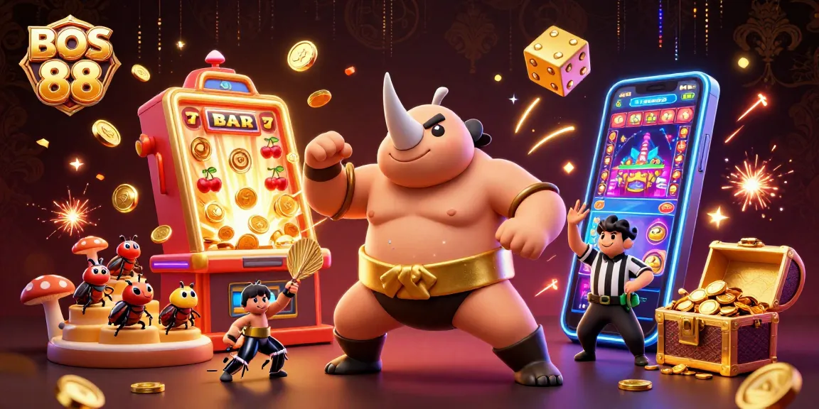 BOS 88 mengetuk jackpot dengan karakter juara sumo, slot machines, dan koin emas bertebaran