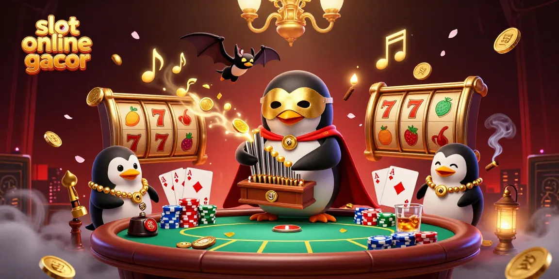 Menggandakan kesenangan bermain slot online gacor dengan penguin orkestra yang bermain organ dengan koin emas.