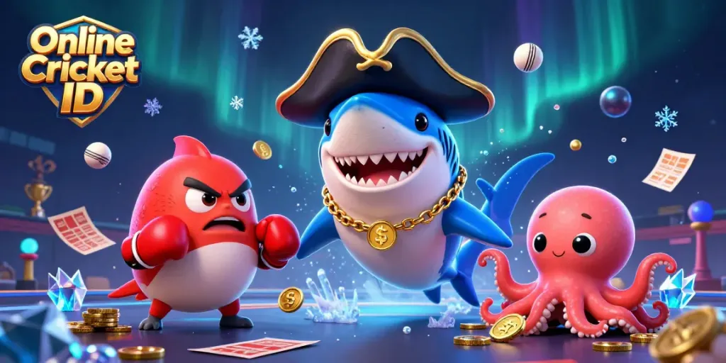 Engage with the Online Cricket ID scene featuring a playful shark, boxing pufferfish, and octopus in a vibrant cricket betting environment.