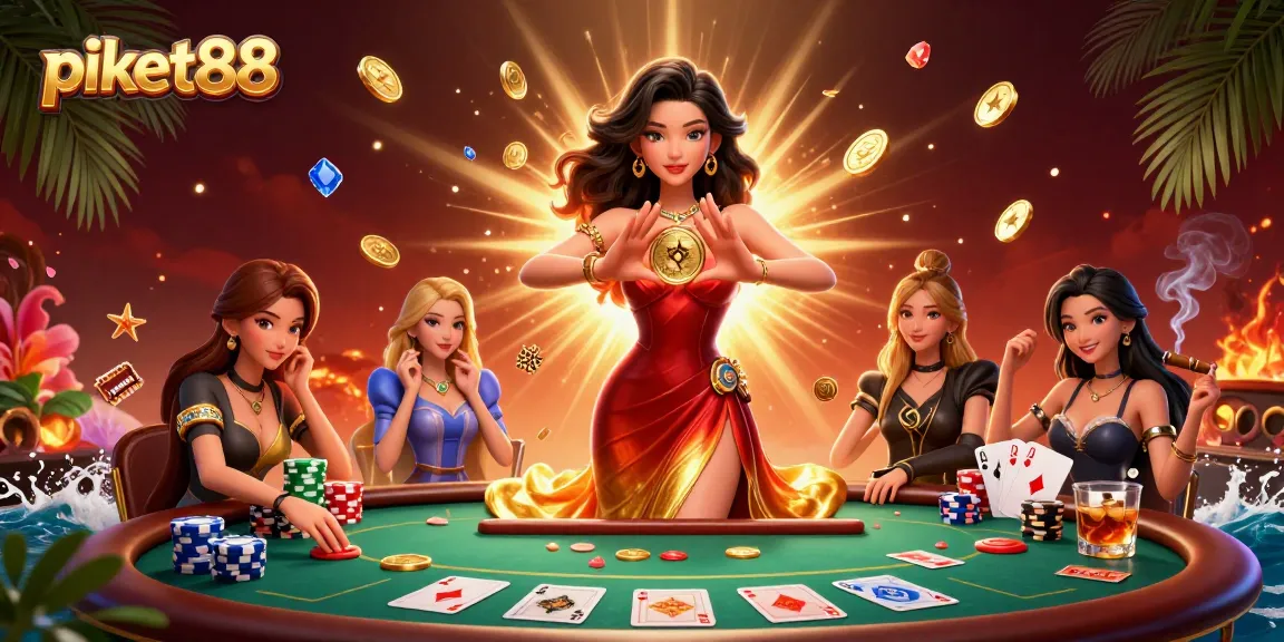 Win big with piket88; stunning Asian woman holding a golden coin surrounded by casino elements.